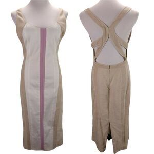 Narciso Rodriguez Cage Midi Back  Size 8 Beige Linen Sheath Paneled Casual
